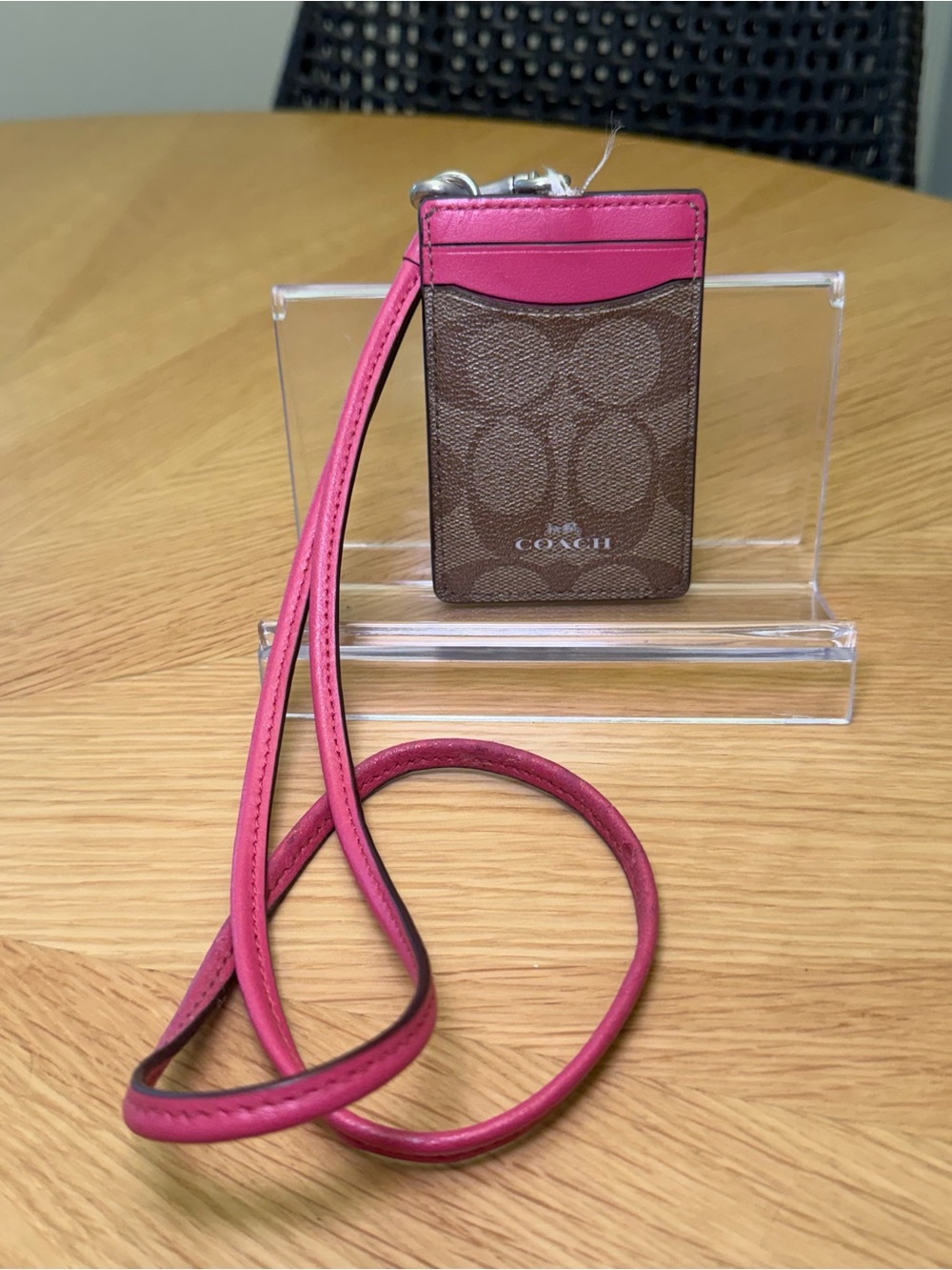 COACH Brown Signature Card Holder with Pink Leather Lanyard